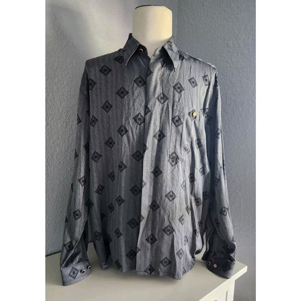 Vtg Alan Stuart Mens Shirt Long Sleeve Button Down Gray L Floral Geo Sun Print